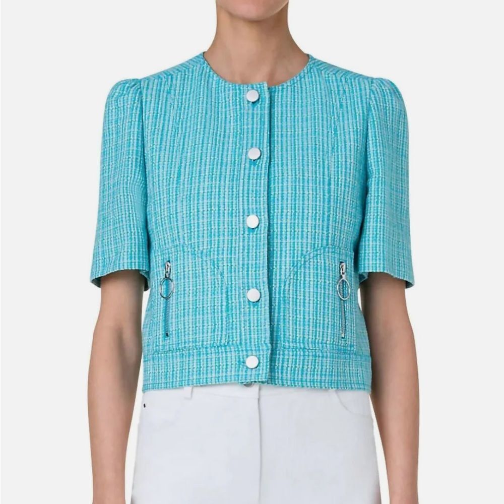 Tweed Half Sleeve Jacket In Turquoise Multi Akris Punto